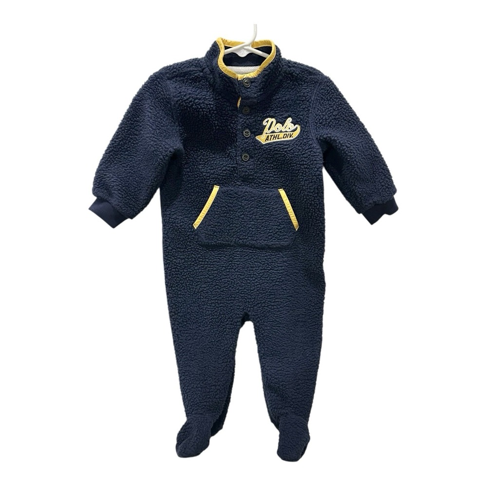 Polo Ralph Lauren Coverall Baby Sz‎ 9M 9 Month Fleece Blue Yellow Footed
